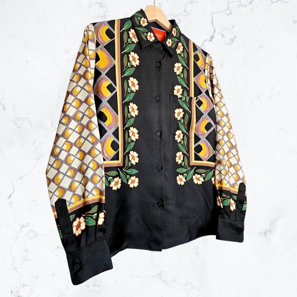 La Double J Dazed Placée Black Floral Silk Blouse Boy Style Button Up Shirt - Picture 7 of 11